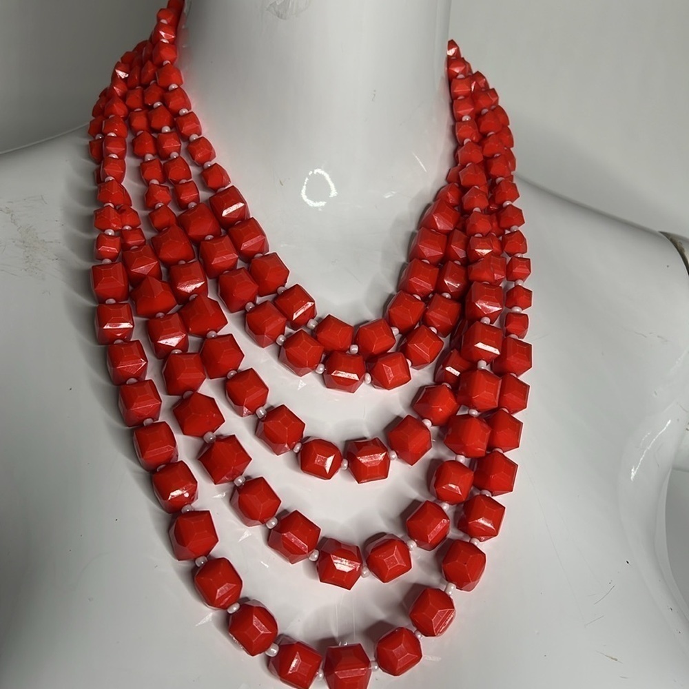 Coral Color Vintage Lucite Adjustable 5 Strand Large Necklace